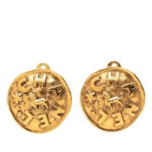 CHANEL Horse Logo Earrings, Gold Plated, Women's